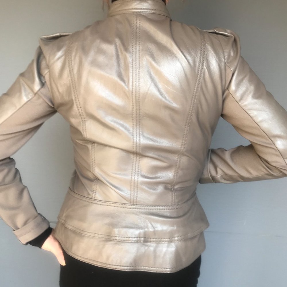 Hinge Puff Shoulder Gray fitted Leather Jacket S - Picture 5 of 12